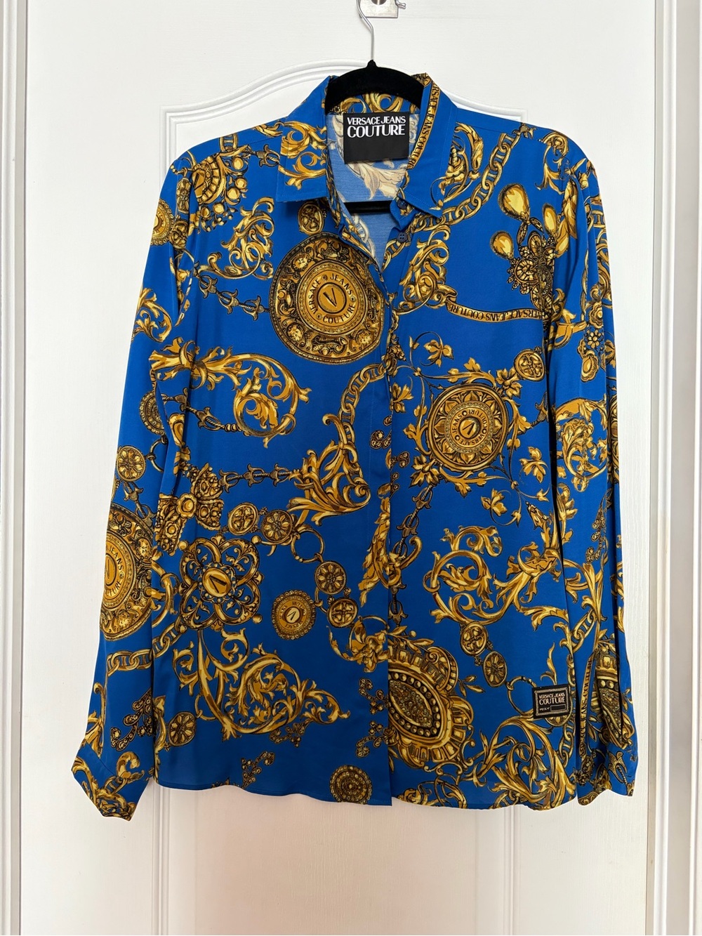 Versace Jeans Couture Collection Royal Blue & Gold Baroque Button-Down Shirt